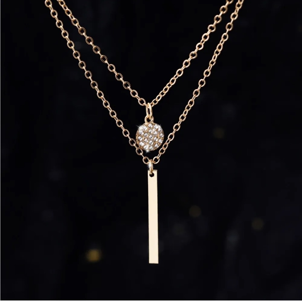 Gold double layer rhinestone long pendant Necklace - Picture 4 of 5